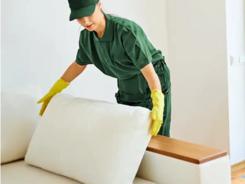 Cleaner arranging sofa cushions during a home deep cleaning service