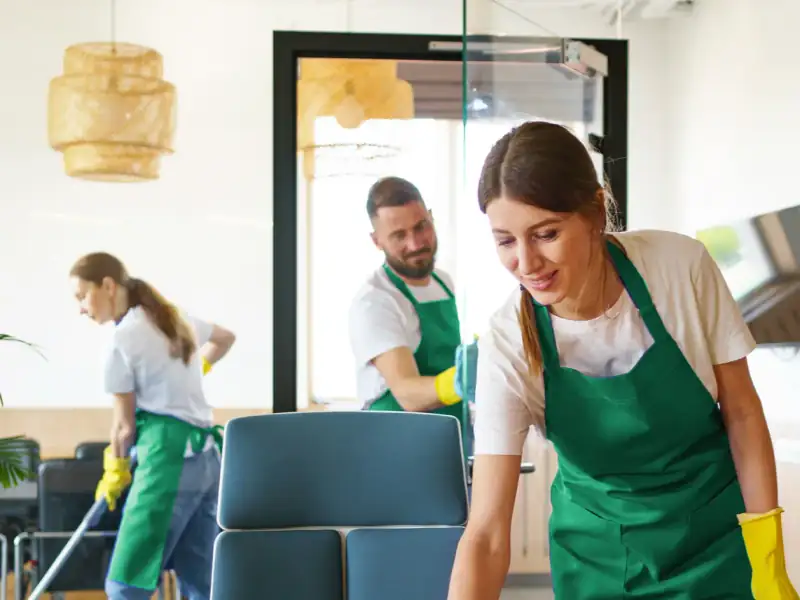 Cleaning team wiping office desks and chairs in an Indore office